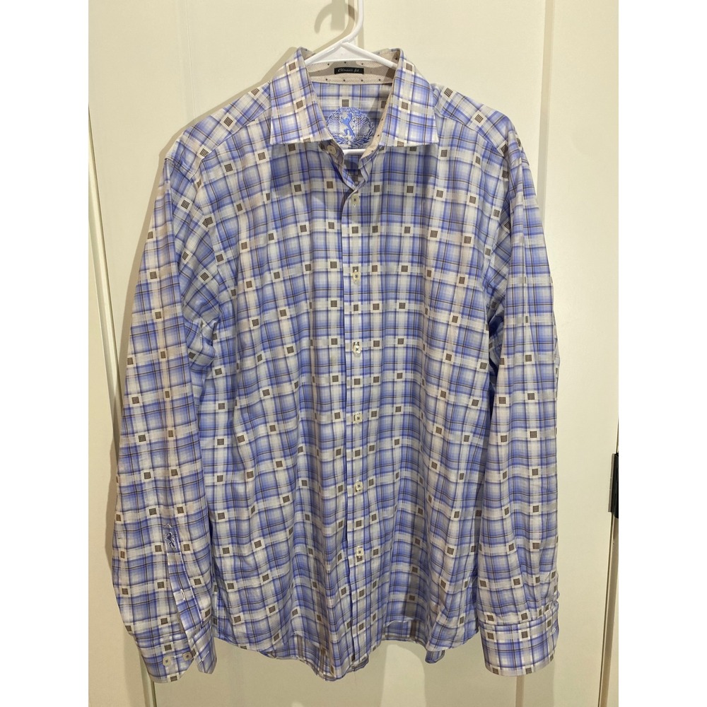 Bugatchi Uomo Mens Blue White Plaid Classic Fit Long Sleeve Button Down Shirt‎